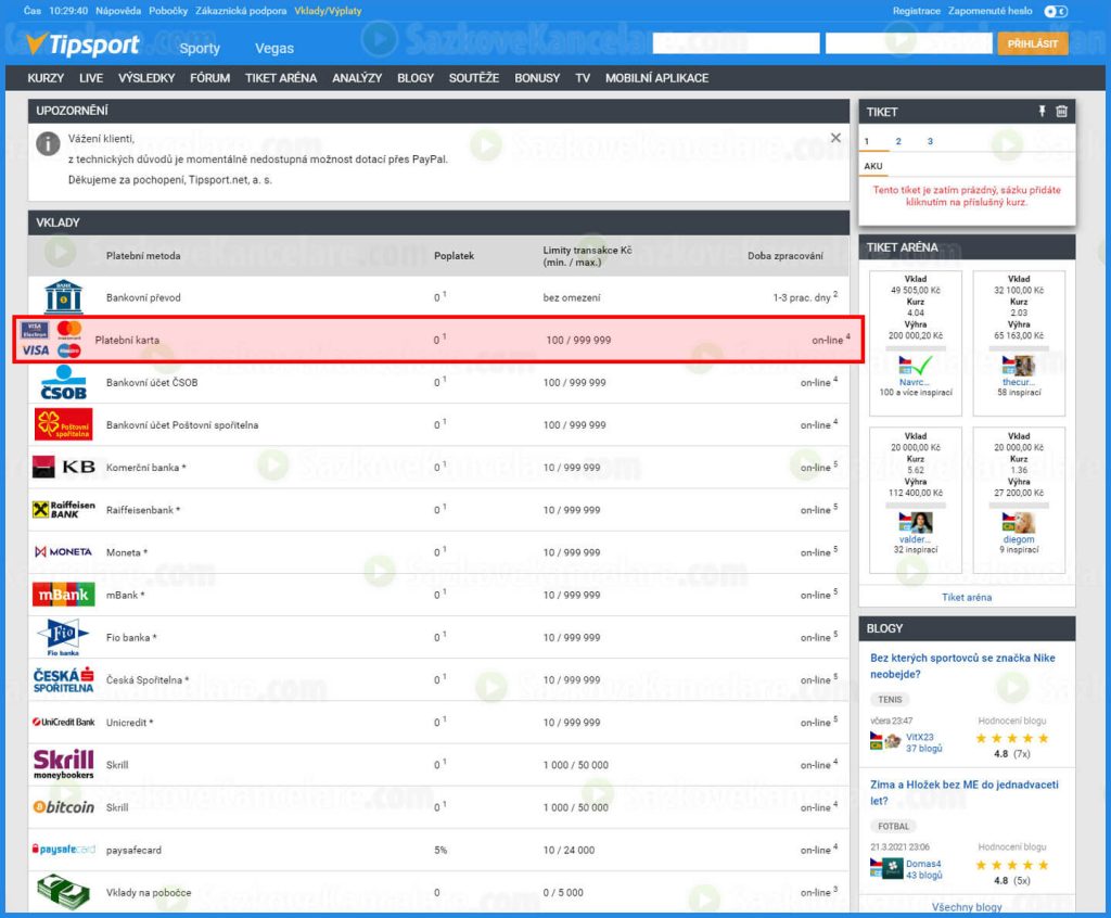 Tipsport casino – možnosti vkladu
